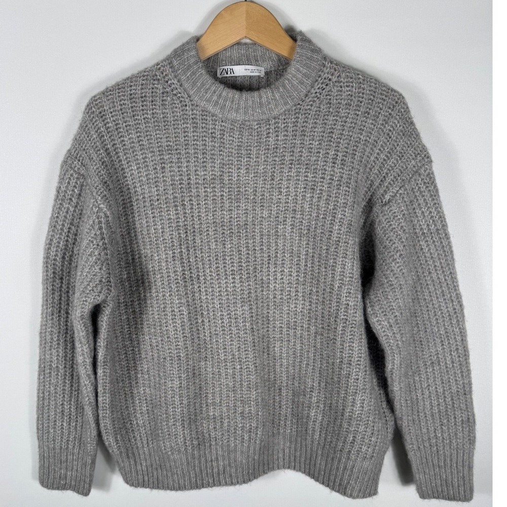 Zara Chunky Shaker Knit Crew Neck Sweater Womens M Grey Ribbed Relaxed Fit - Picture 5 of 6